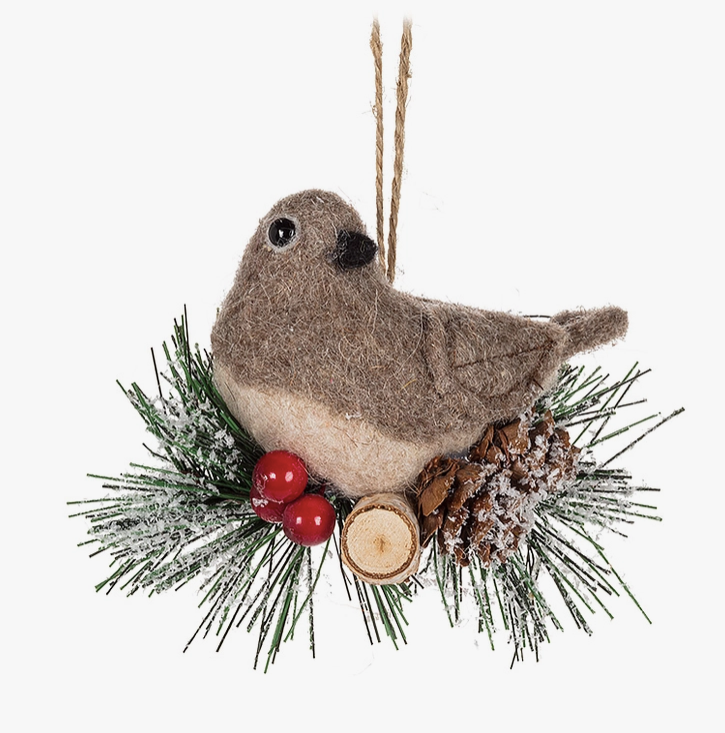 Bird on Branch Felt Ornament 4”H