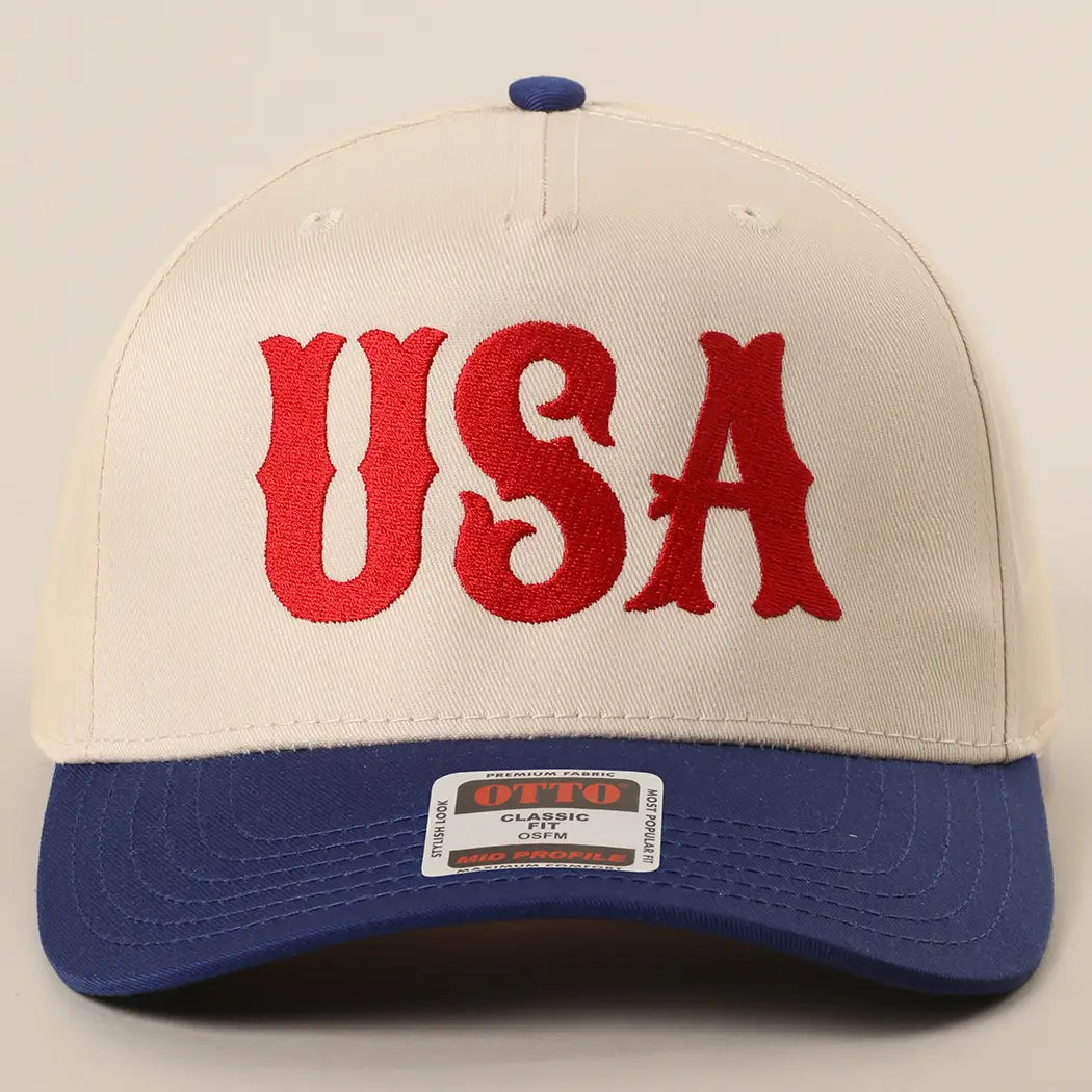 USA Typography Embroidery Two Tone Trucker Hat- Royal/Natural