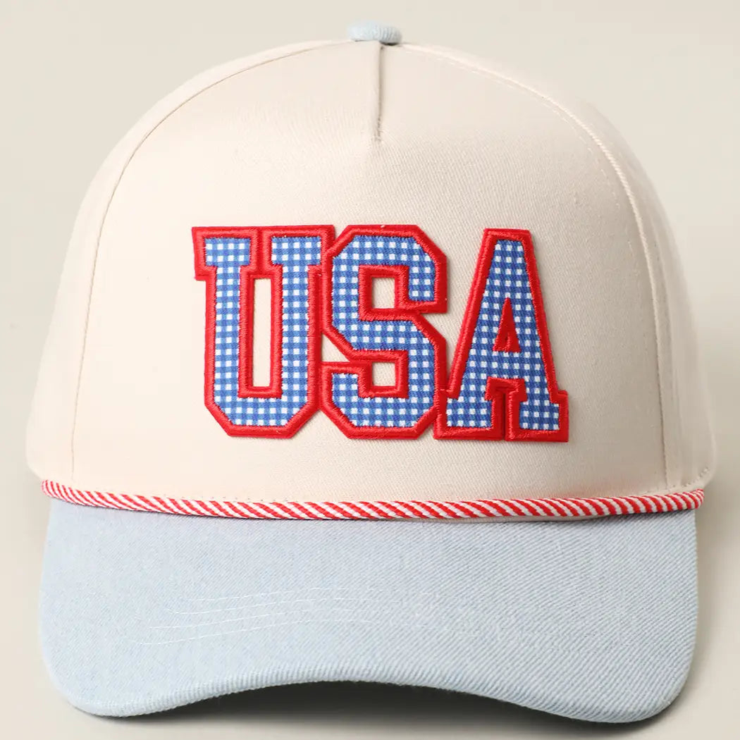 USA Gingham Letter Patch Star Brim Trucker Hat- Lt Denim