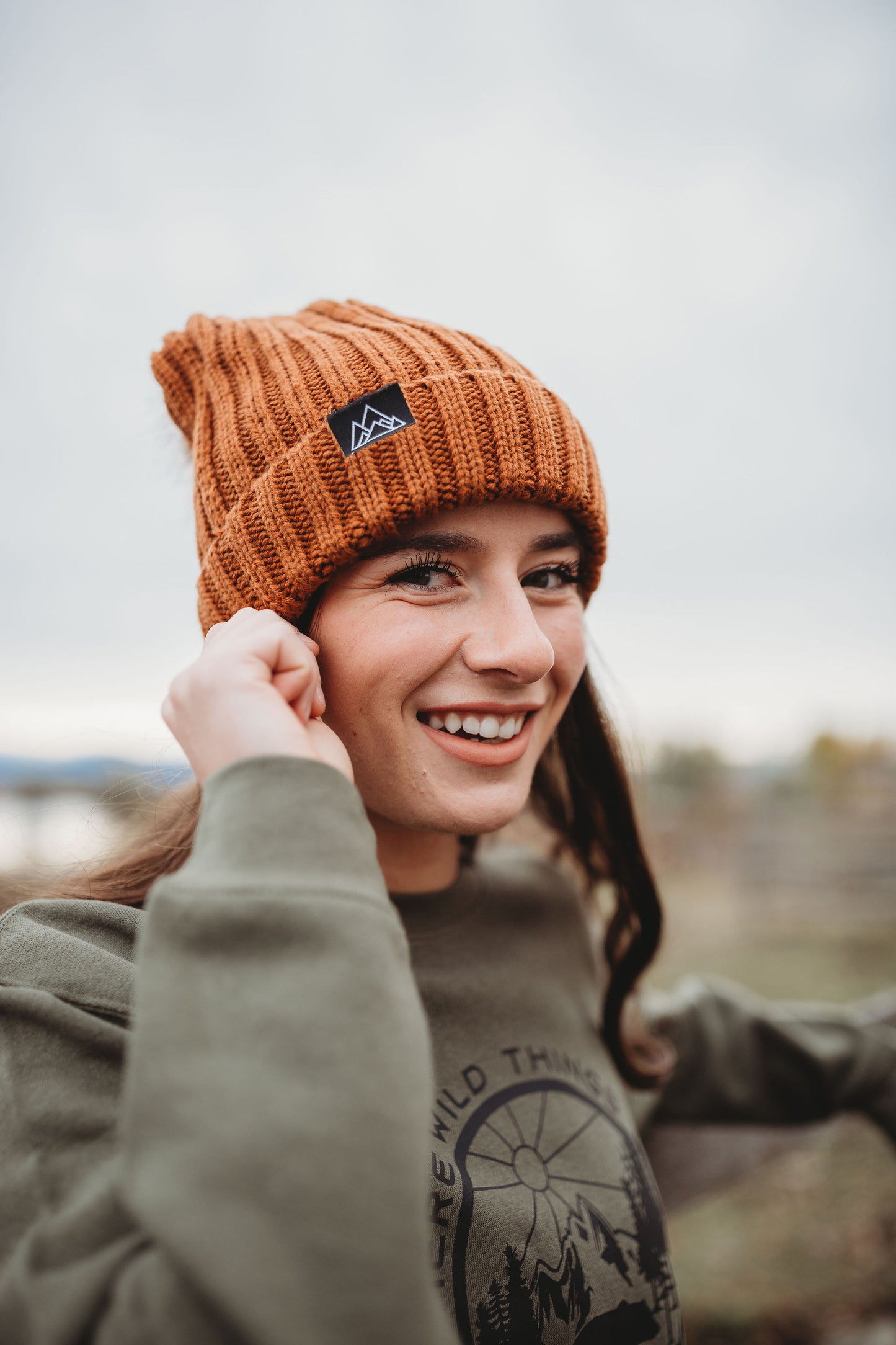 Knitted Pom Pom Beanie: Cinnamon