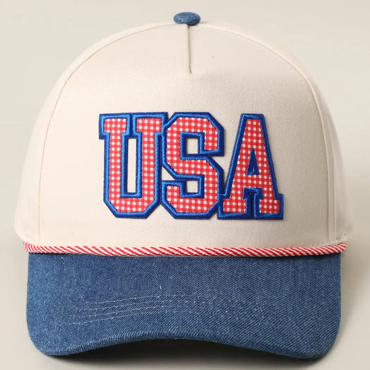 USA Gingham Letter Patch Star Brim Trucker Hat- Dk Denim