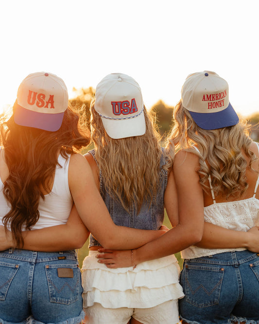 USA Typography Embroidery Two Tone Trucker Hat- Royal/Natural