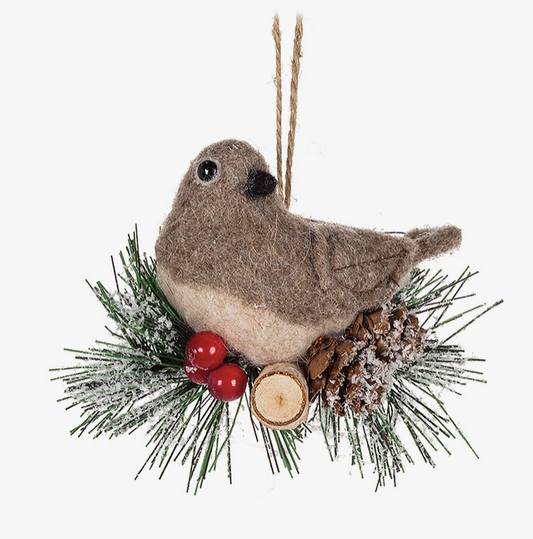 Bird on Branch Felt Ornament 4”H