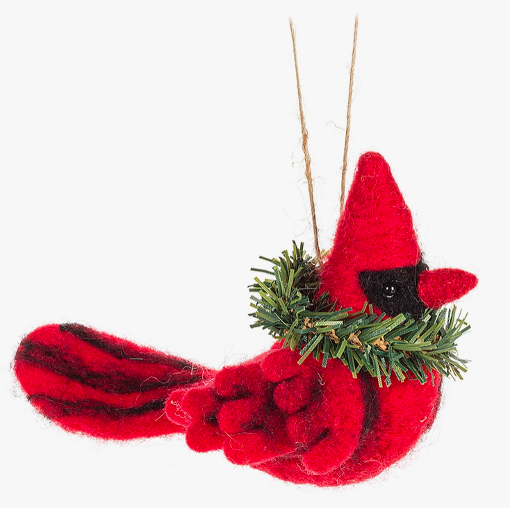 Cardinal w/Wreath Felt Ornament-5.5”L