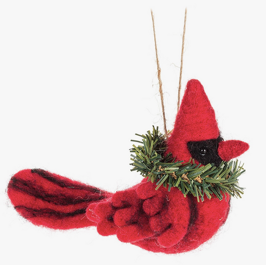 Cardinal w/Wreath Felt Ornament-5.5”L