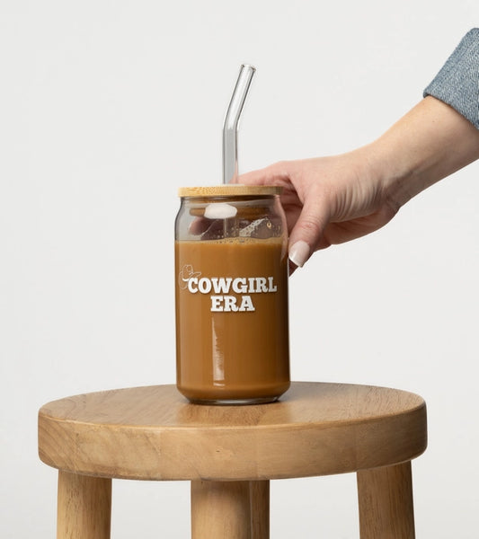 Cowgirl Era Glass Can with Straw and Lid
